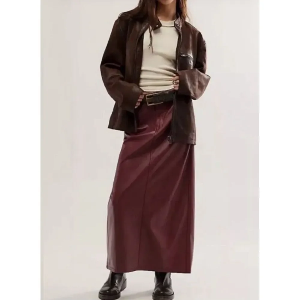 Free People Women's City Slicker Vegan‎ Leather Maxi Skirt Red Wine Size 0 NWT